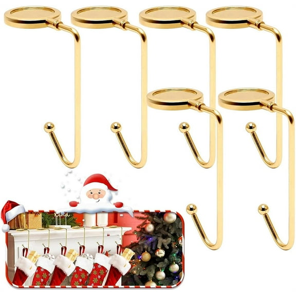 NOGIS Christmas Stocking Holders for Mantle Set of 6,Non-Slip Fireplace Stocking Holder,Lightweight Metal Stocking Hangers for Mantle,Stocking Hooks for Christmas Party Decoration (Gold)
