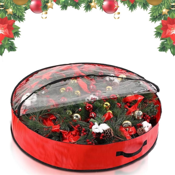 NOGIS Clear Wreath Storage Bag, 30x8 Inch Christmas Wreath Storage Container, Heavy Duty Plastic Wreath Protector with Handle for Xmas Holiday Seasonal Wreath Garland (Red)