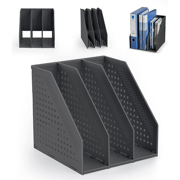 NOGIS Collapsible 3 Compartment Magazine Holder Desktop Adjustable Sturdy File Dividers Document Cabinet Rack Display (Dark Gray)