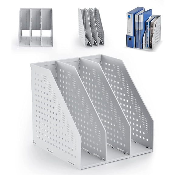 NOGIS Collapsible 3 Compartment Magazine Holder Desktop Adjustable Sturdy File Dividers Document Cabinet Rack Display (Light Gray)