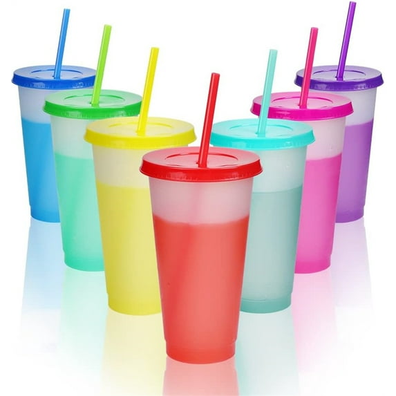 NOGIS Color Changing Cups with Lids and Straws,7Pcs 24oz Color Changing Tumblers,Reusable Plastic Tumblers with Lids and Straw,Party Funny Tumbler Ice Cold Drinking Cup for Kids & Adults