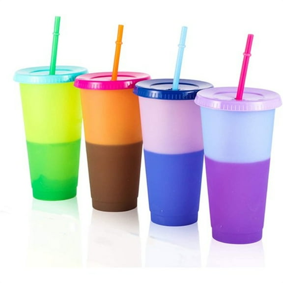 NOGIS Color Changing Cups with Lids and Straws for Adults - 4 x 24oz Reusable Cups with Lids and Straws, Bulk Plastic Cups with Lids and Straws for Kids, Cold Iced Coffee Cups Party Tumbler