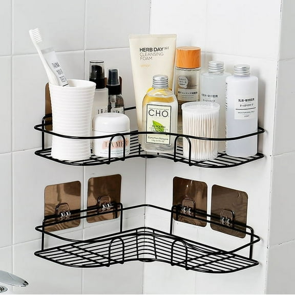 NOGIS Corner Shower Caddy Bathroom Shelf Storage Rack Organizer No Drilling Shower Shelf Shampoo Spices Holder w 2 Adhesive,Storage Rack for Bathroom, Black