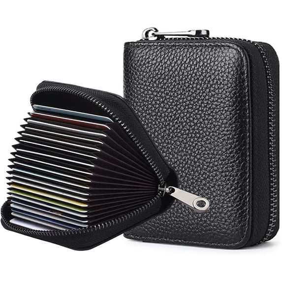 NOGIS Credit Card Holder Genuine Leather Small Card Wallet for Women or Men 20 Card Slots RFID Blocking Accordion Wallet with Zipper (Black)