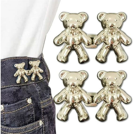 NOGIS Cute Bear Button Pins for Jeans, No Sew and No Tools Instant Pant Waist Tightener, Adjustable Jean Buttons Pins for Loose 2 Sets Button Replacement Pant Clips for Waist Buckle (Gold)