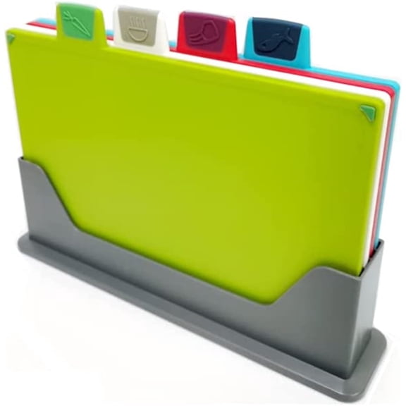 NOGIS Cutting Board Set, Plastic Cutting Board, Set of 4 Cutting Boards with Storage Stand, Chopping Board Set with Color Coded Food Icon for Kitchen Different Food Types (11.8x7.9 Inches)