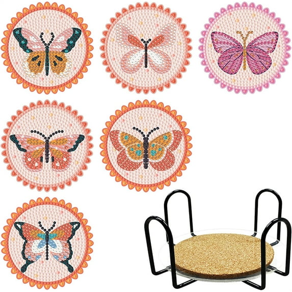 NOGIS DIY Butterfly Coasters Set 6 PCS DIY Coasters Cork Mat Diamond Art Paintings with Holder Crystal Rhinestones Diamond Dots Art Coasters for Beginners Adult Kid