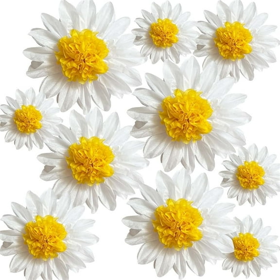 NOGIS Daisy Tissue Paper Pom Poms Flower Party Decorations White Yellow Flowers Wall Hanging 1st Birthday Bridal Baby Shower Wedding Classroom Decor 12" 8" Pack of 10