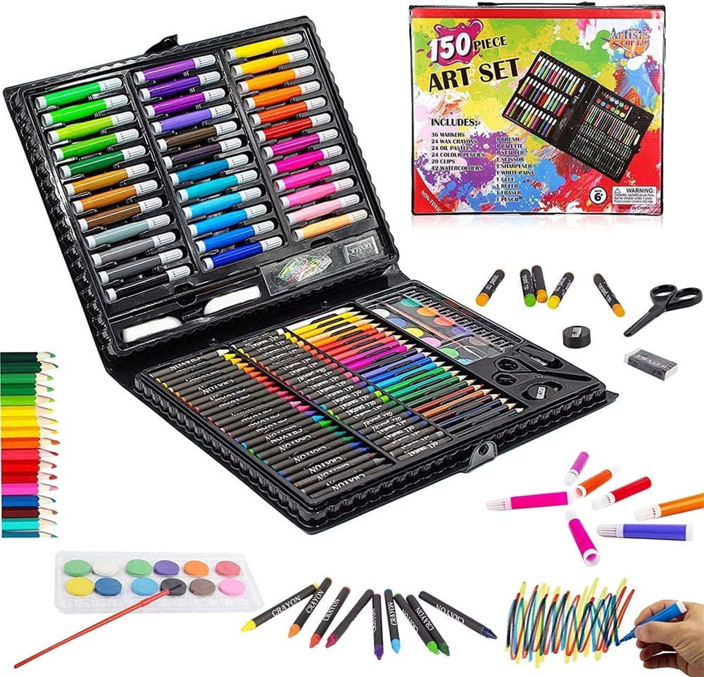 NOGIS Deluxe Art Set For Kids - Ideal Beginner Artist Kit Includes 150 Pieces - Watercolor, Crayons, Colored Markers, Color Pencils and More, Makes a Great Gift for Children and Adults