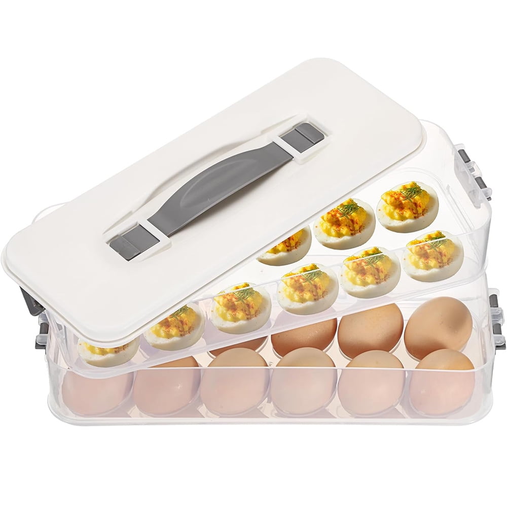 NOGIS Deviled Egg Containers with Lid, Clear Deviled Egg Platter with Handle, Fridge Stackable Eggs Tray Carrier, Suitable for Camping, Easter, Christmas (2 Layers)