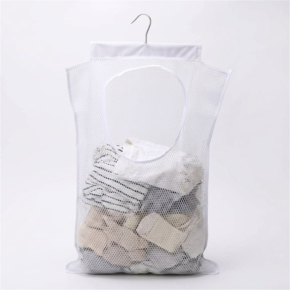 NOGIS Door Hanging Mesh Laundry Hamper Bag, Space Saving Corner Small Laundry Basket Dirty Clothes Hamper with Rotating Metal Hanger for Apartment, RV, Camper, Cabin, College Dorm Use(White)