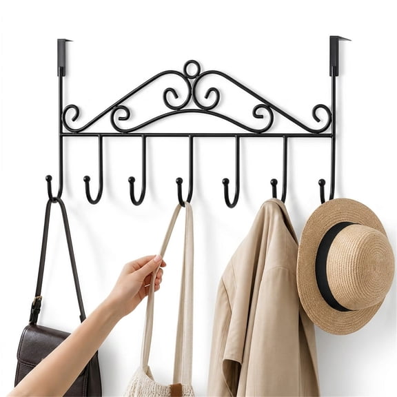 NOGIS Over The Door Hook,Over Door Coat Rack ,Over Door Towel Rack,Door Hooks,Door Hanger Hook of Bathroom,Clothes ,Belt, Hat,Behind Back of Bathroom, Towel Hanger 7 Hooks ,Black