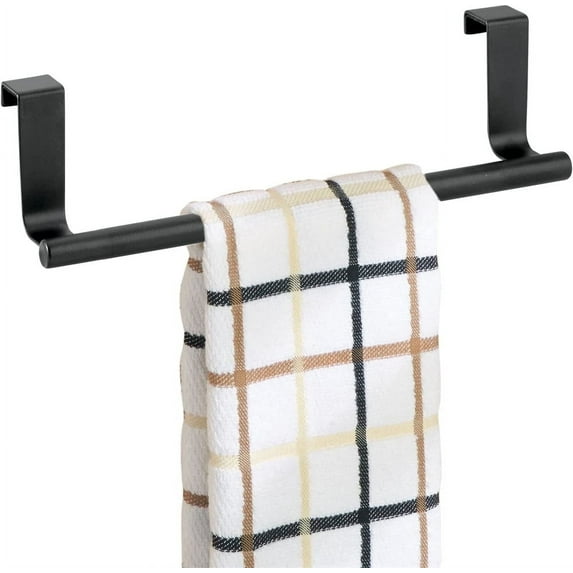 NOGIS Over the Door Towel Bar Over, Kitchen Cabinet Door Towel Bar Holder for Hand, Dish, and Tea Towel Rack - Hang Inside or Outside Doors - Kitchen Organizer- Black,9 inch