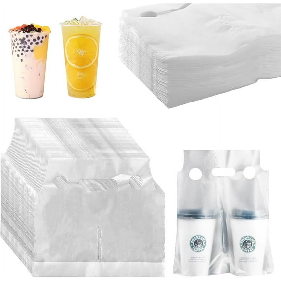 NOGIS Drink Carrier for Delivery, Clear Cup Carrier with Handle for Drink Cups/Coffee/Tea/Juice, Plastic Bags for Drinks, Portable Take Out Bags for Coffee Shop/Restaurant/Bar (2 Cup, 100 Pack)
