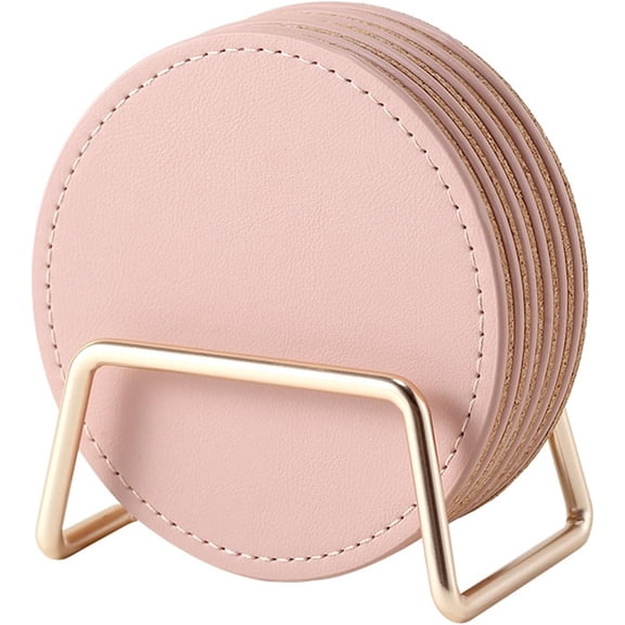 NOGIS Drink Coasters with Metal Holder Stand Set of 6, PU Leather Absorbent Coasters with Cork Base Table Coaster Set Decorative Coffee Cup Coasters Housewarming Gift for Home Decor (Pink)