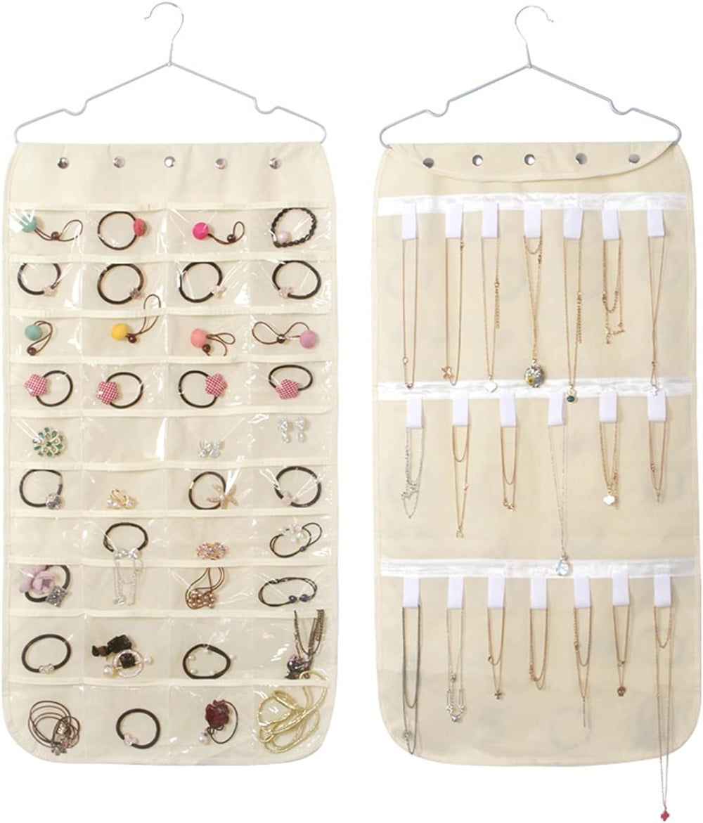 NOGIS Dualsided Hanging Jewelry Organizer with 40 Zippered Pockets and 20 Hook Loops, Zippered