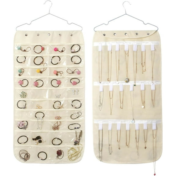 NOGIS Dual-sided Hanging Jewelry Organizer with 40 Zippered Pockets and 20 Hook Loops, Zippered Jewelry Organizer Dual Sided Hanging with Hanger for Travel Home Closet Storage