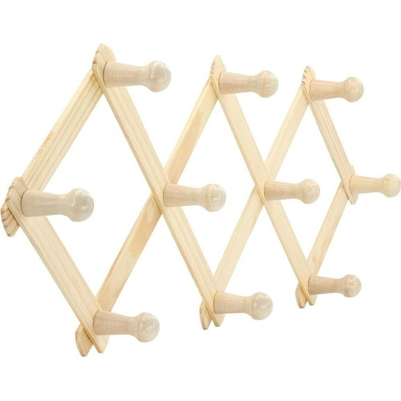 NOGIS Wood Accordion Wall Rack with 10 Hooks, Multi-Purpose Accordion Style Wooden Hat Rack Wall Mounted, Wood Expandable Peg Rack- for Keys, Coffee Mug, Coats, Wood Brown