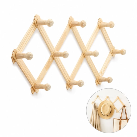 NOGIS Wood Accordion Wall Rack with 10 Hooks, Multi-Purpose Accordion Style Wooden Hat Rack Wall Mounted, Wood Expandable Peg Rack- for Keys, Coffee Mug, Coats, Wood Brown