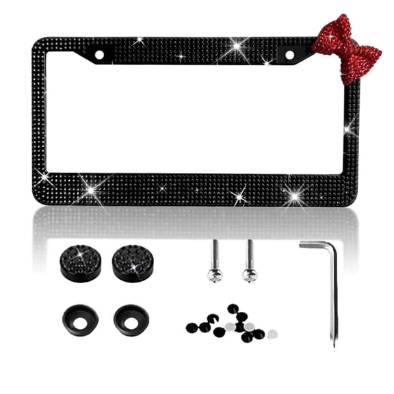 NOGIS Fashion Sparkle Black with Red Bowknot Design Crystal License Plate Frames,Exclusive Bling License Plate Holder,Waterproof Rhinestone License Plate Cover for Women(Black&Red-Bow)