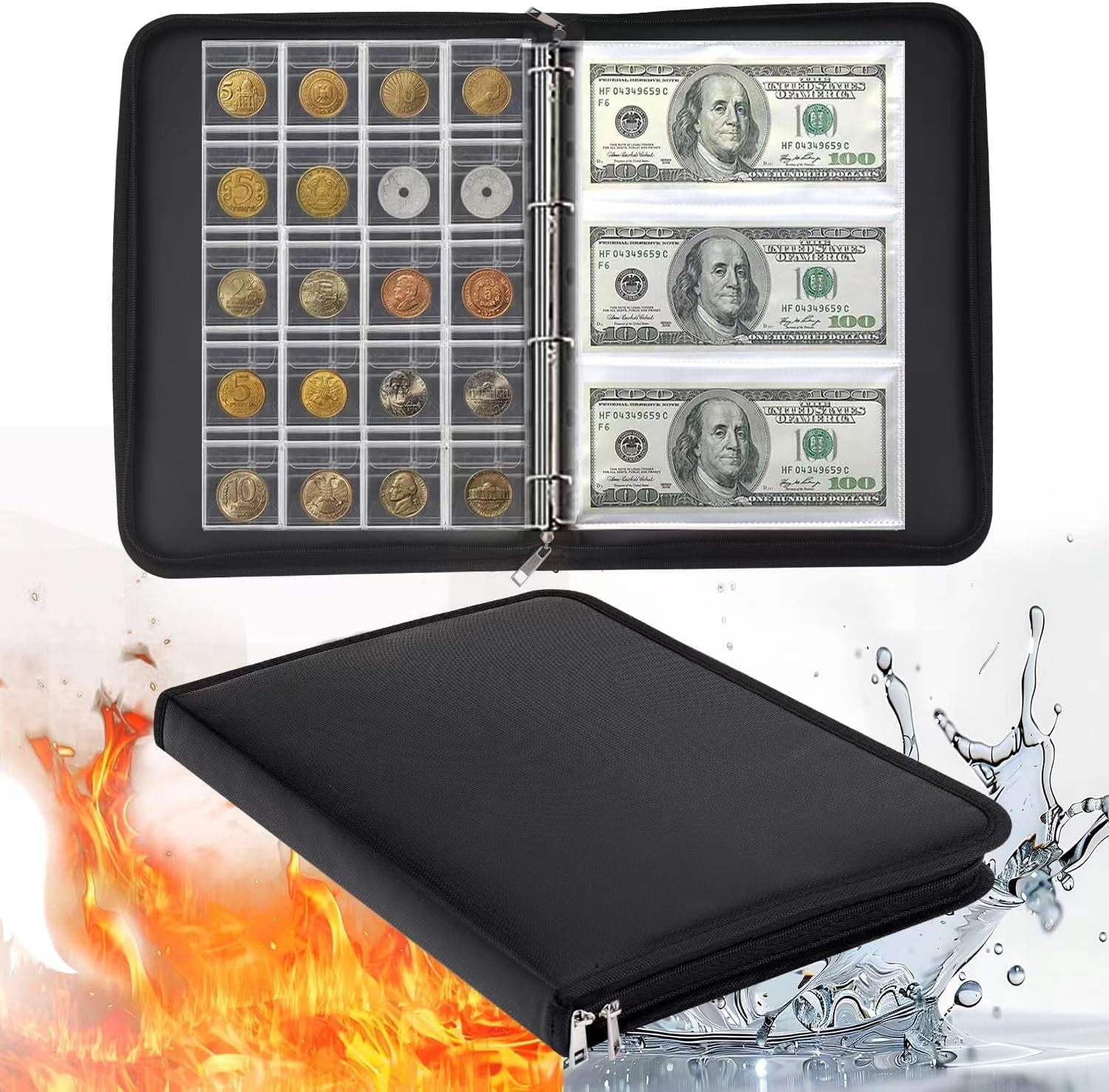 NOGIS Fireproof Coin Album with 360 Coin Collection Holder & 36 Sleeves Money Currency Collection Book Pockets, Currency Album, Coin Collection Supplies for Collectors