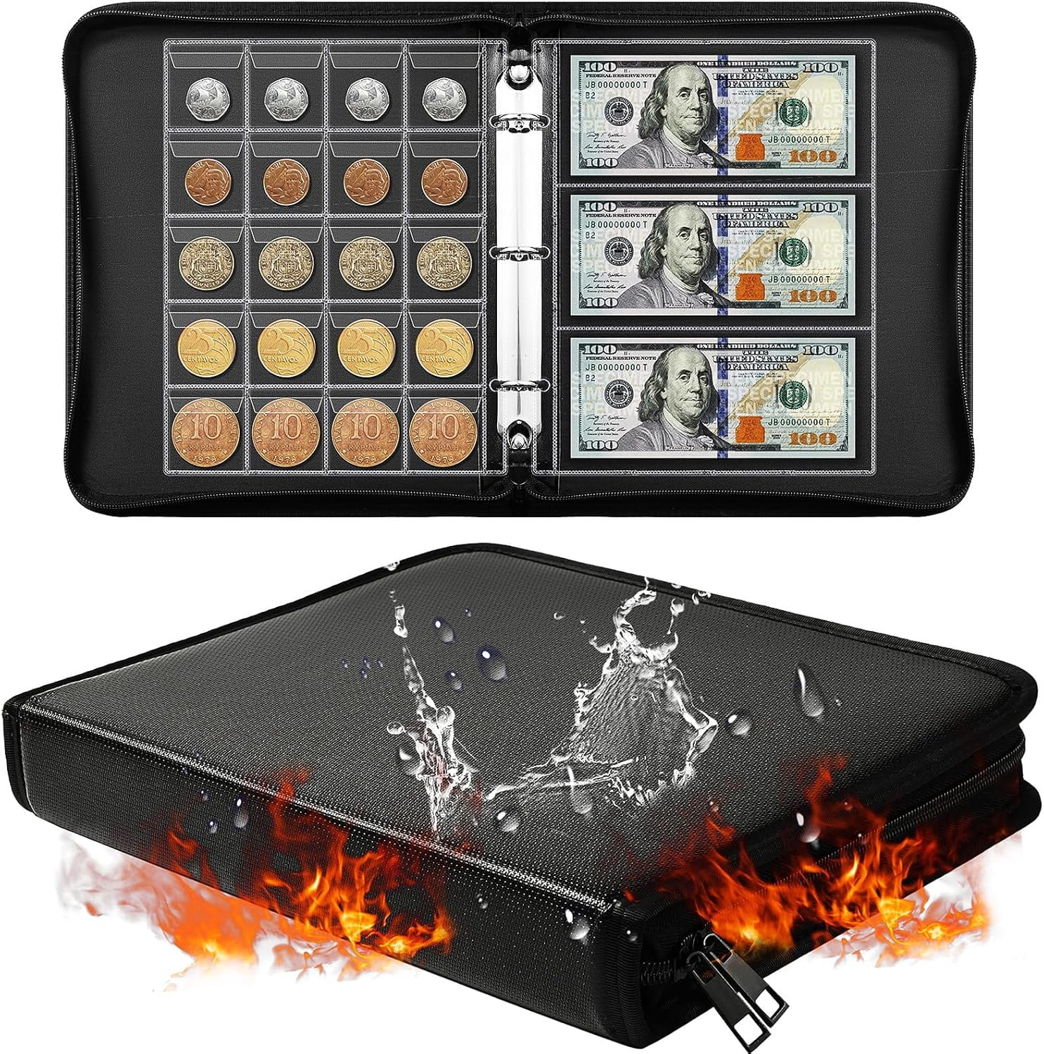 NOGIS Fireproof Coin Collection Book Holders for Collectors, 360 Pockets Coin Organizer Sleeves Coin Album & 36 Currency Sleeves Album Money Holder Coin Storage Case for Coin Collection