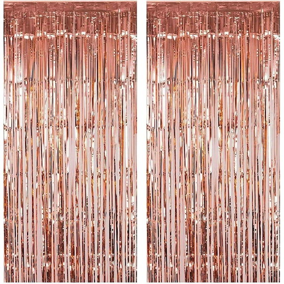 NOGIS Foil Fringe Curtains 2PCS 3ft x 8.3ft Metallic Tinsel Photo Booth Backdrop for Wedding Birthday Bachelorette Christmas Party Decorations (Rose Gold)