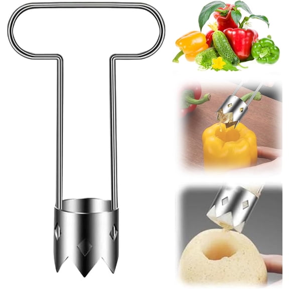 NOGIS Fruit and Vegetable Corer, Stainless Steel Fruit Coring Remover T-Type Bell Chili Pepper Seed Deseeder Cutter Tool for Vegetables Fruit Kitchen Utensils