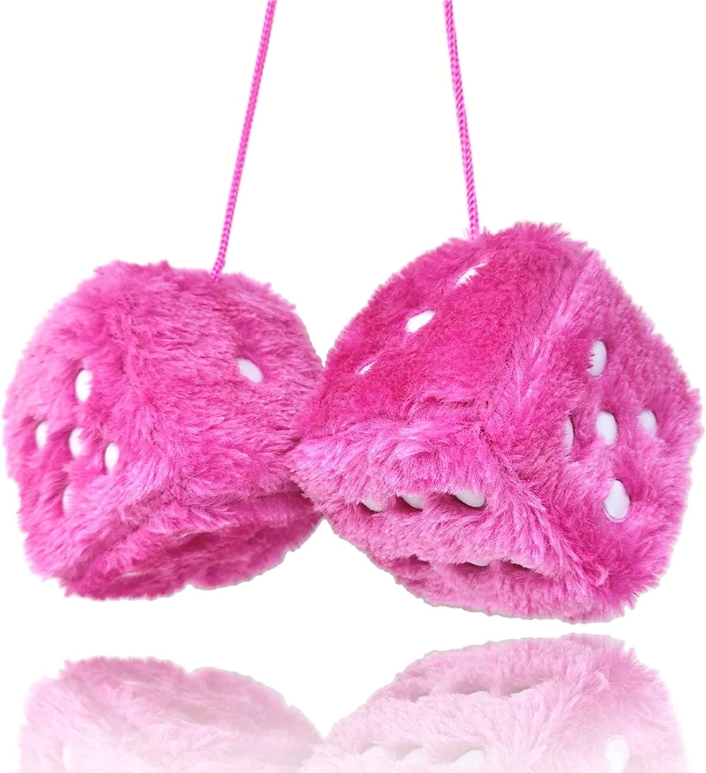 NOGIS Fuzzy Plush Dice for Car Mirror, Pair of Retro 3” Pink Dice with White Dots for Car