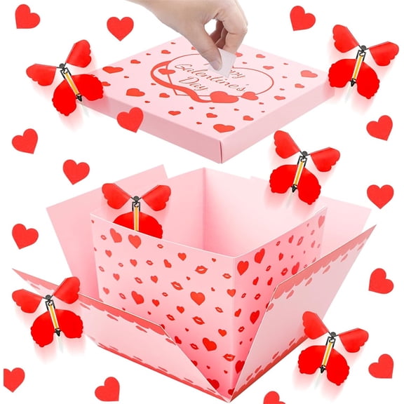 NOGIS Galentine's Day Flying Butterfly Explosion Gift Box,Unique Exploding Surprise Box with Heart Card and Butterflies for Christmas, Galentine's Day Theme Birthday Sweet Party Supplies (Pink)