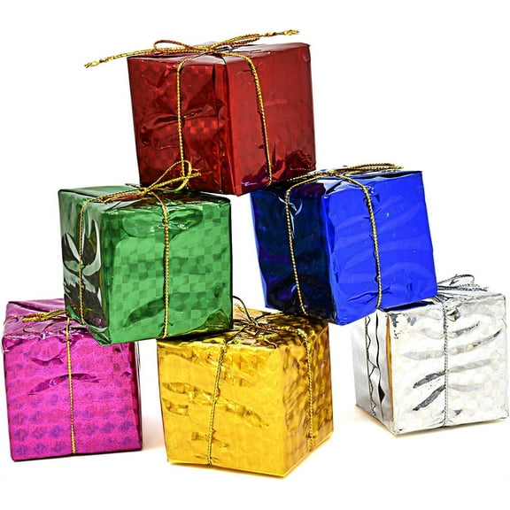 NOGIS Gift Box Christmas Ornaments 6 Pieces Mini Wrapped Present Boxes Miniature Foil Ornaments Decoration Boxes Assorted Colors Miniature 1.57 Inches