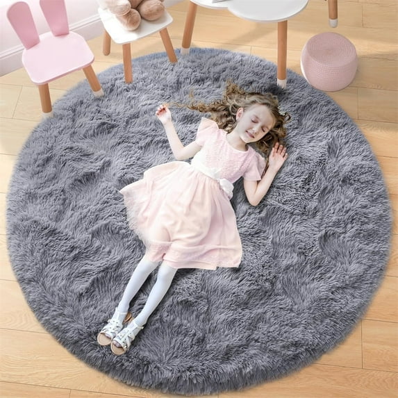 NOGIS Gray Round Rug Ultra-Soft Plush Modern 4x4 Circle Area Rug for Kid's Bedroom, Fluffy Shag Circular Rug for Nursery Room, Non-Slip Home Decor Cute Rug for Teen's Room