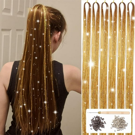 NOGIS Hair Tinsel Kit, 1200 Strands 47 Inch Champagne Gold Tinsel Hair Extensions with Tools Fairy Hair Tinsel Kit, Heat Resistant Sparkling Hair Tinsel for Cosplay Christmas New Year Party