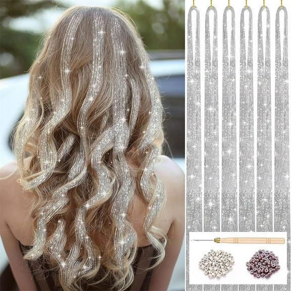 NOGIS Hair Tinsel Kit, 1200 Strands 47 Inch Glitter Silver Tinsel Hair Extensions with Tools Fairy Hair Tinsel Kit, Heat Resistant Sparkling Hair Tinsel for Cosplay Christmas New Year Party