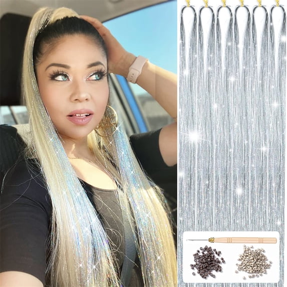 NOGIS Hair Tinsel Kit with Tools, Hair Tinsel Heat Resistant Fairy Hair Tinsel Kit 1200Strands, 47Inch Sparkling Glitter Tinsel Hair Extensions Hair Tensile for Girls Kids Women (Glitter Silver)