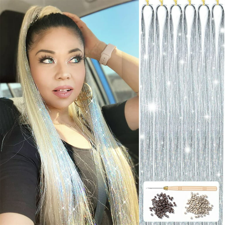 NOGIS Hair Tinsel Kit with Tool 6pcs 1200 Strands Hair Tinsel Heat  Resistant Tinsel Hair Extensions Sparkling Shiny Glitter Fairy Hair for  Women Girls