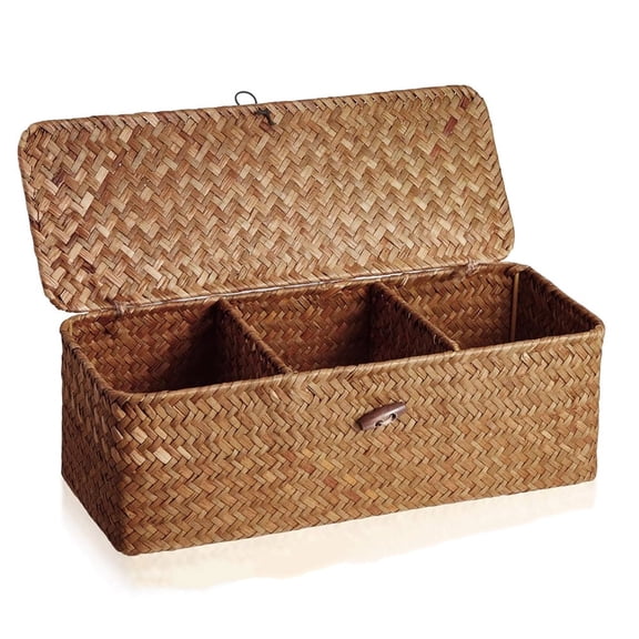 NOGIS Hand-woven Tank Basket with Lid Woven Toilet Roll Storage Basket with Sections Rectangular for Organize Snack Toys (Khaki, 12.6inch L x 4.7inch W x 4.3inch H)