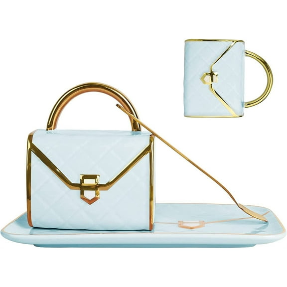 NOGIS Handbag Shaped Mug Ceramic Coffee Cup with Spoon and Saucer 10 oz/ 310 ml Cute Tea Cup Set Creative Travel Handbag Mug with Gift Box for Women Office Home Mother's Day Gifts (Blue)