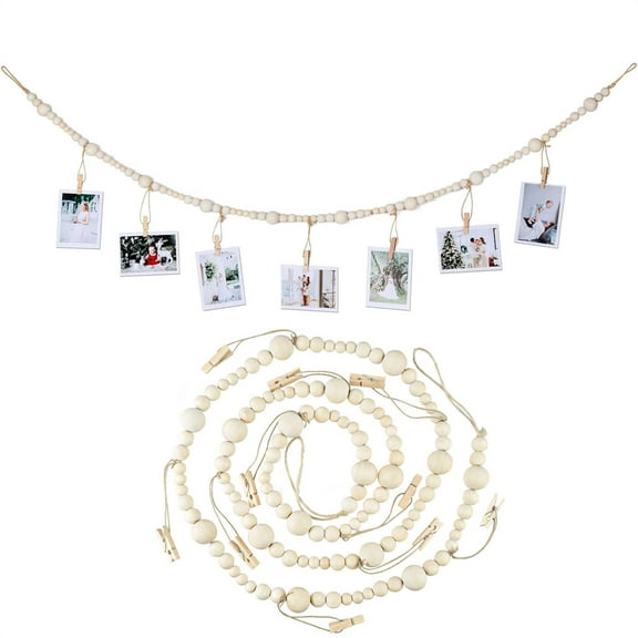 NOGIS Hanging Photo Display Wall Decor, Macrame Wall Hanging Boho Wooden Beads Living Room Bedroom, Picture Frame Collage Board with 7 Clips, Christmas Birthdays Teenage Teen Girl Present
