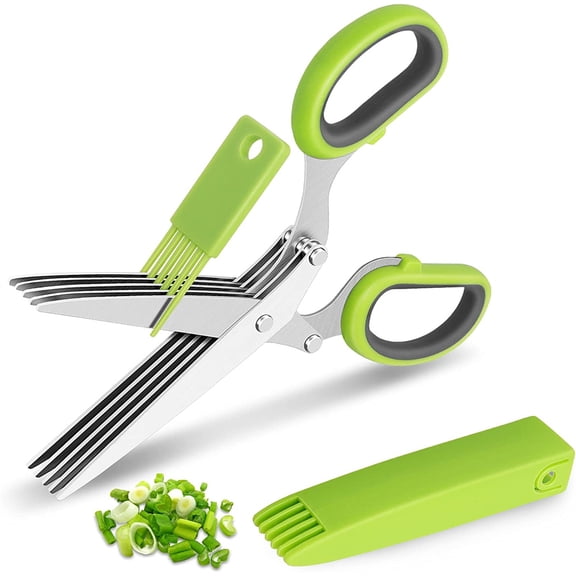 NOGIS Herb Scissors with 5 Blades and Cover - Cool Kitchen Gadgets - Cutter, Chopper and Mincer - Sharp Heavy Duty Shears for Cutting, Shredding and Cooking Fresh Garden Herbs (Green)