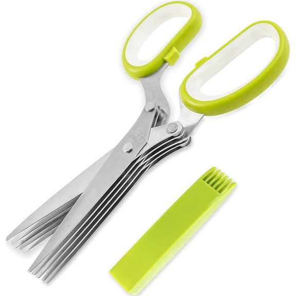 NOGIS Herb Scissors, 5-Layers Food-Grade Stainless Steel Blades Kitchen Scissors, Triple-Fixing Stable Structure, Ergonomic Handle, Suitable for Herb Cutting or Making Salad, Green