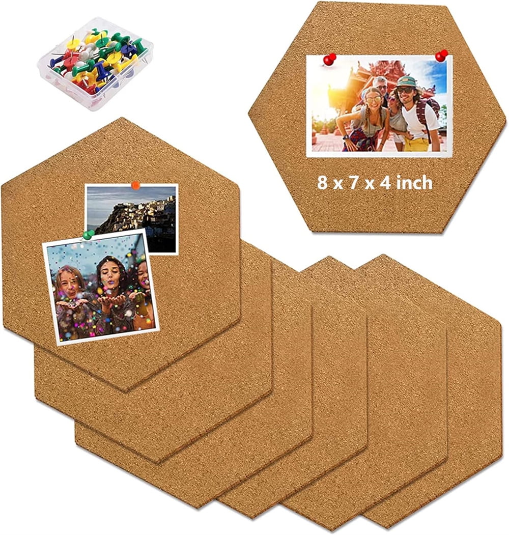 NOGIS Hexagon Cork Board Tiles Self Adhesive 6 Pack - 1/2" Thick Corkboards for Wall 8" x 7" Memo Boards Pin Board Decorative Bulletin Board for Office Home Kitchen - 40 Multi-Color Push Pins