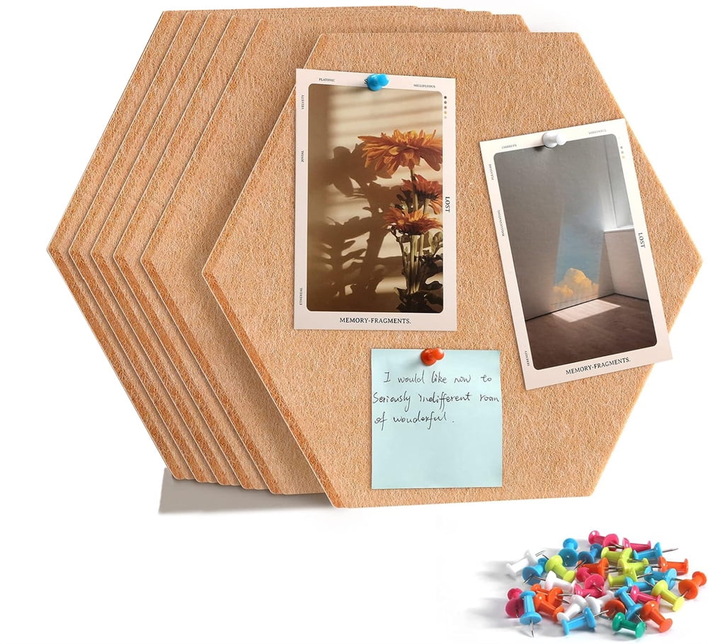 NOGIS Hexagon Cork Board Tiles Self Adhesive 6 Pack Small Corkboards for Wall 8" x 7"- 1/2" Thick Memo Boards -40 Push Pins Decorative Bulletin Board for Office