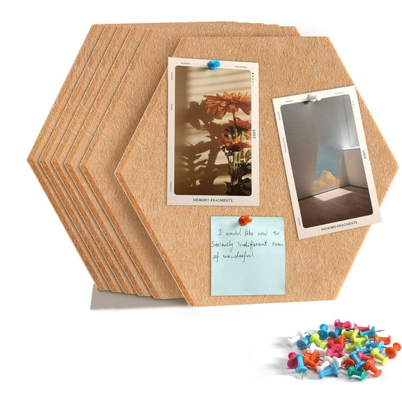 NOGIS Hexagon Cork Board Tiles Self Adhesive 6 Pack Small Corkboards for Wall 8" x 7"- 1/2" Thick Memo Boards -40 Push Pins Decorative Bulletin Board for Office