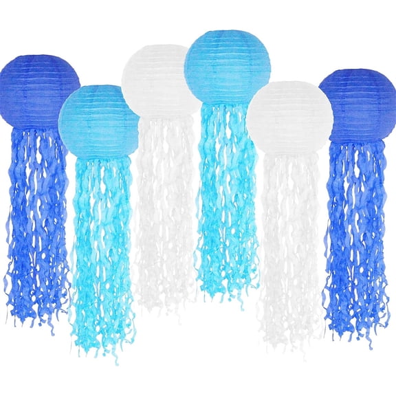 NOGIS Jelly Fish Paper Lanterns, 6Pcs Blue White Hanging Paper Lanterns for Hawaiian Tropical Birthday Party Decorations, Wedding, Graduation, Home Decor (Royal Blue White)
