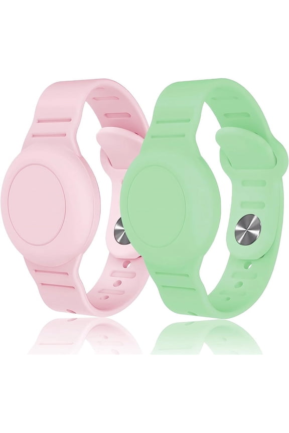 NOGIS Kids Waterproof Airtag Bracelet Compatible with Apple AirTag, Hidden Silicone Protective Case for Air Tag GPS Tracker Holder, Adjustable Watch Band for Toddler Child (Pink & Green)