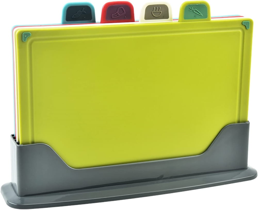 NOGIS Kitchen Artist | 4 pieces Color-Coded Plastic Cutting Board Set with stand | Keep Kitchen Organized | Separate Cooked and Food | Compact & Save Space