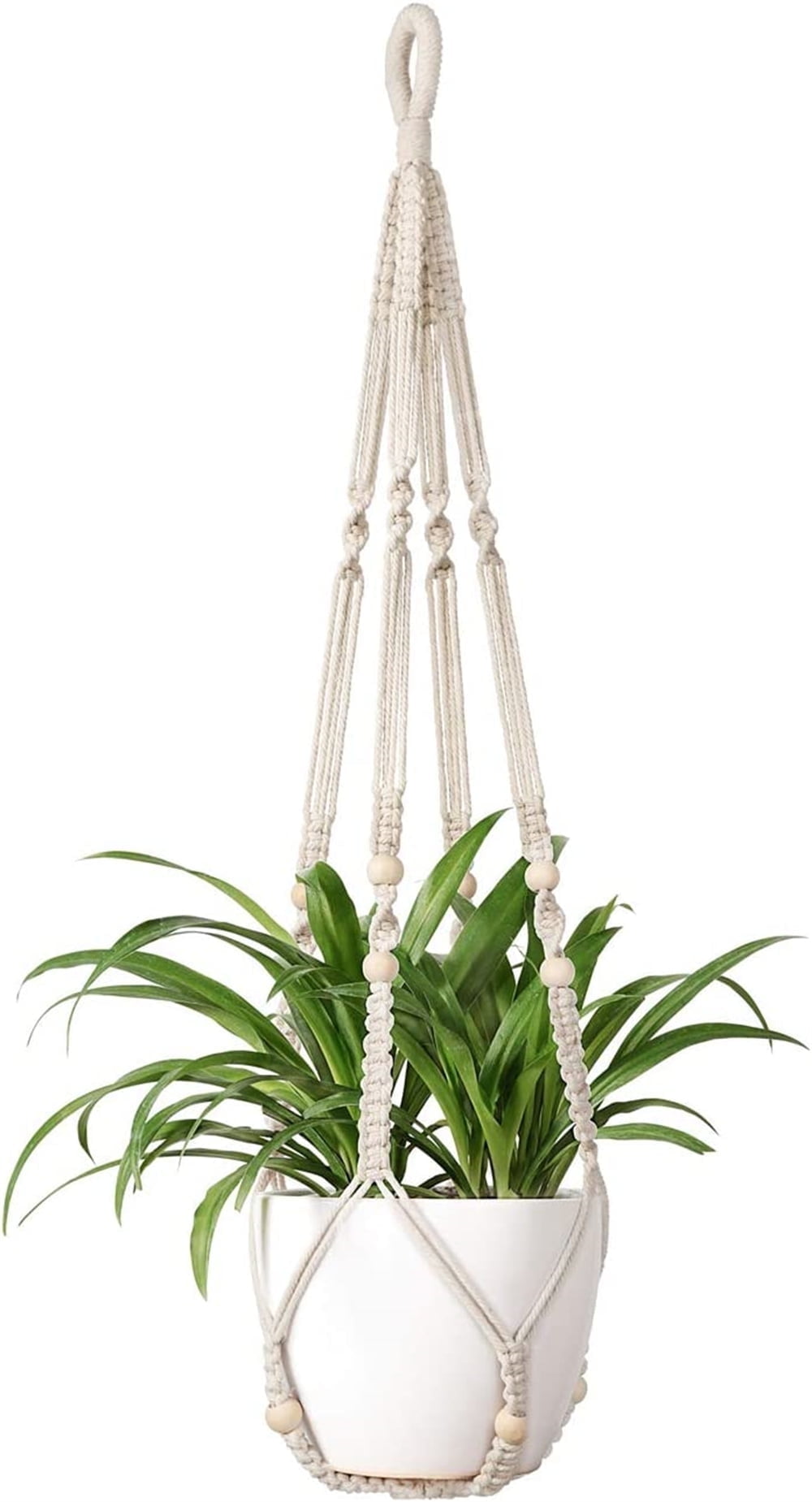 NOGIS Macrame Plant Hanger Indoor Hanging Planter Basket with Wood Beads Decorative Flower Pot Holder No Tassels for Indoor Outdoor Boho Home Decor 35 Inch, Ivory
