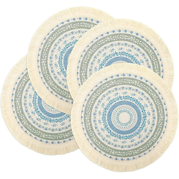 NOGIS Mandala Placemats Set of 4, 13 Inch Cotton Woven, Round Fringe Placemats for Boho Kitchen Décor , Bohemian placemats for Wedding Home Decoration.