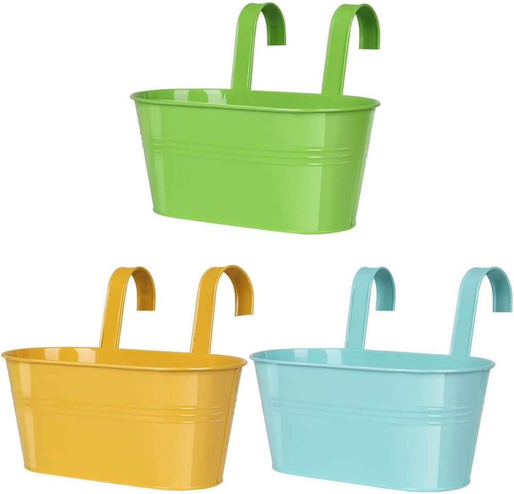 NOGIS Metal Iron Hanging Flower Pots for Railing Fence Hanging Bucket Pots Countryside Style Window Flower Plant Holder with Detachable Hooks Home Decor,3 Pcs（Multicolor A）